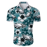 Front view of a Philadelphia Eagles Hawaiian Shirt for men featuring a tropical floral design with the Eagles logo and team name