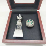 Trophy and Philadelphia Eagles Super Bowl Ring 2025 in a wooden box 