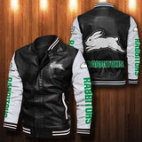 South Sydney Rabbitohs Leather Jacket| White Sleeves, Black Body