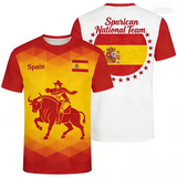 Two Spain T-shirt, one red and yellow with a bull rider graphic and the other white with Spanish flag design, on a white background.