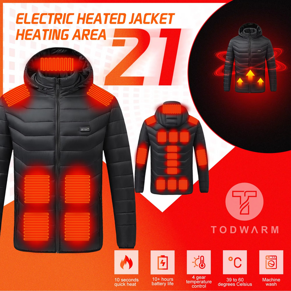 Electric heated jacket with heating area indicators on a red background, featuring the Todwarm brand.