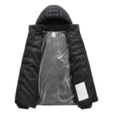 Black hooded jacket with reflective inner lining on a white background