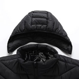 Black hooded jacket with quilted design on a white background