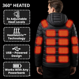Heated jacket with USB power design and heat matrix technology on a black background