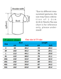 T-shirt size chart with measurements and a diagram of a t-shirt.
