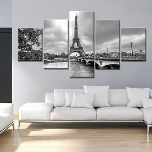 5 Piece Black And White Eiffel Tower Wall Art Canvas
