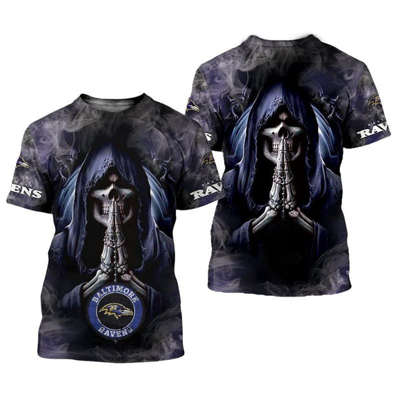 Men's Baltimore Ravens T shirts Background Skull Smoke