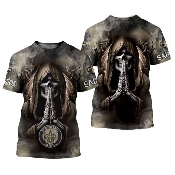 Men's New Orleans Saints T shirts Background Skull Smoke