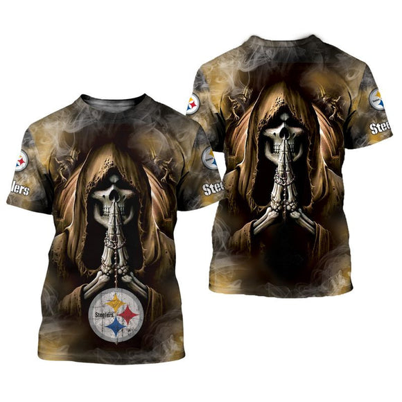 Men's Pittsburgh Steelers T shirts Background Skull Smoke
