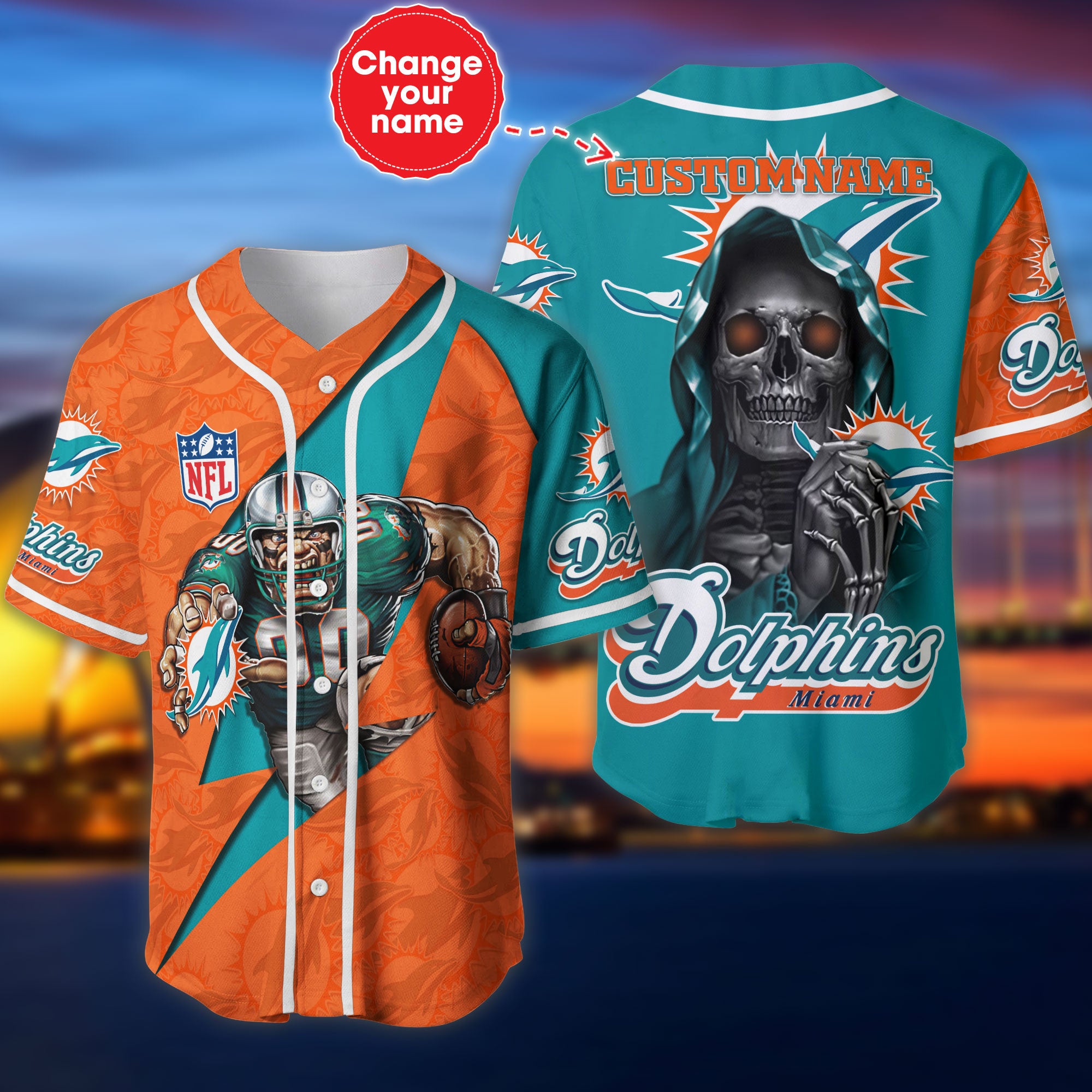 NFL Miami Dolphins Custom Name And Number FireBall Baseball Jersey