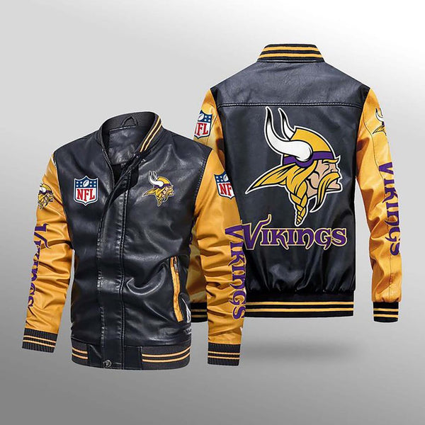 Minnesota Vikings Navy Red Bomber Leather Jacket - Maker of Jacket