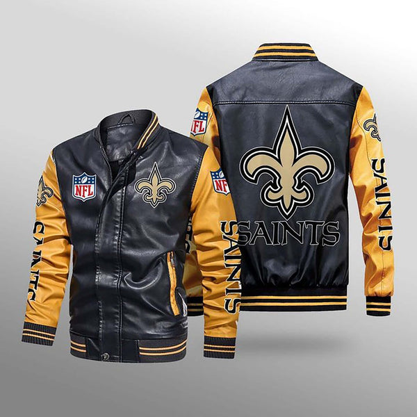 New Orleans Saints NFL Motor Fleece Leather Jacket - Freedomdesign