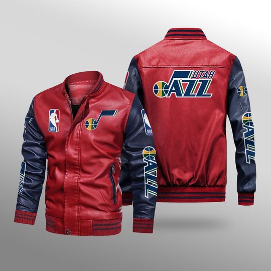 NBA Utah Jazz Red Blue Leather Bomber Jacket