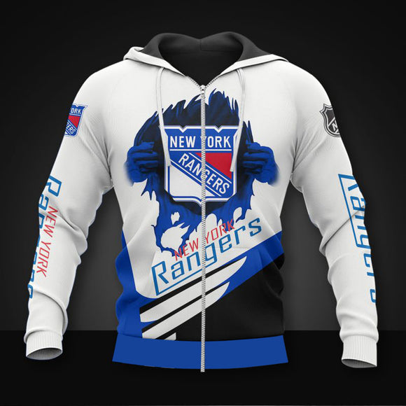 20% OFF White New York Rangers Zipper Hoodies, Pullover Print 3D