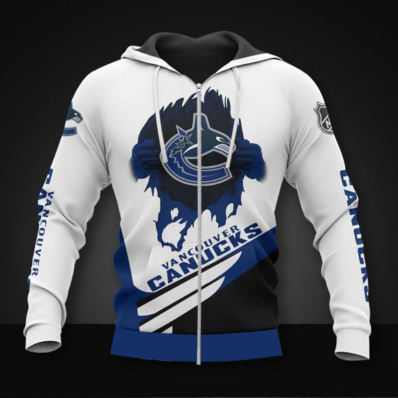 20% OFF White Vancouver Canucks Zipper Hoodies, Pullover Print 3D
