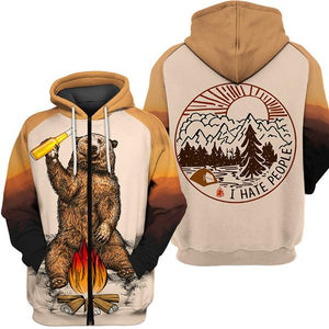 Custom 3D Hoodies Bear Beer Bonfire : I Hate People Hoodies Sweatshirt Camping