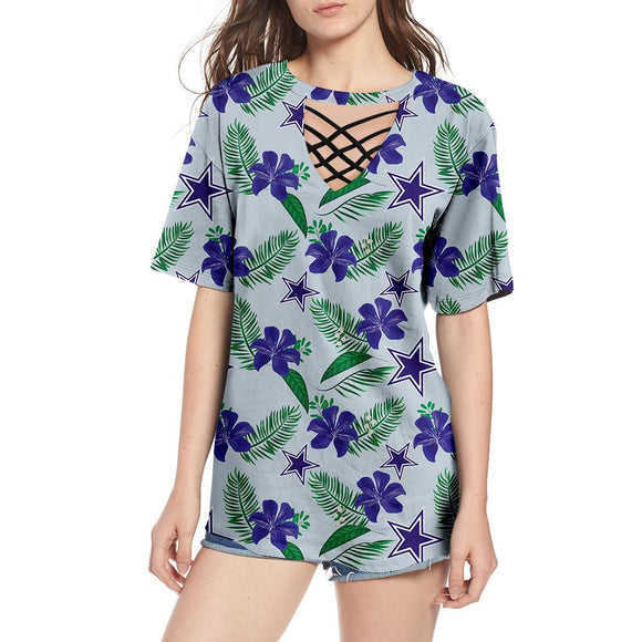 Dallas Cowboys T Shirt Womens Printed Floral V-Neck