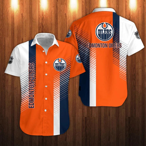 Men's Edmonton Oilers Shirts striped Button Up Short Sleeve