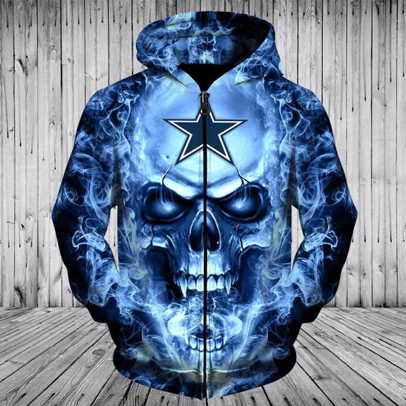 Dallas Cowboys Skull Hoodies 3D With Zipper, Pullover